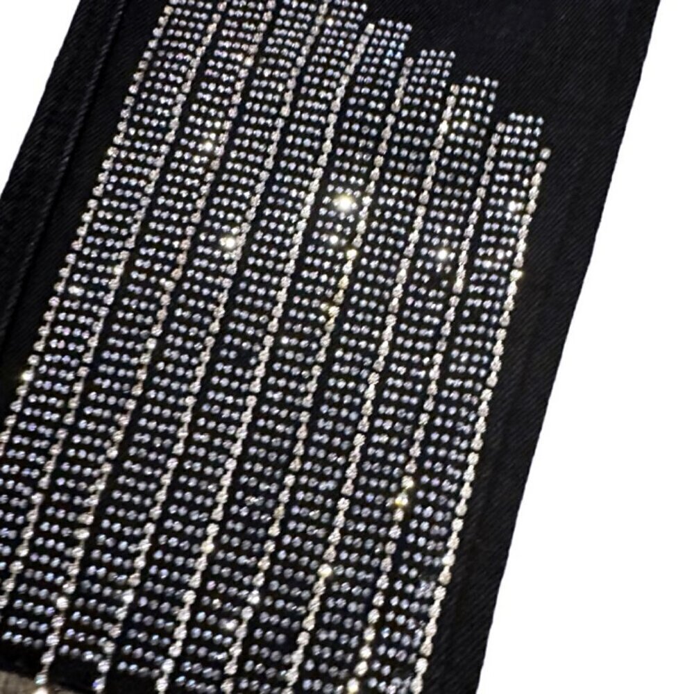 Akira NWT Black Wash Rhinestone Fringe Distressed High Rise Jeans Women’s Size 9 - Picture 3 of 8